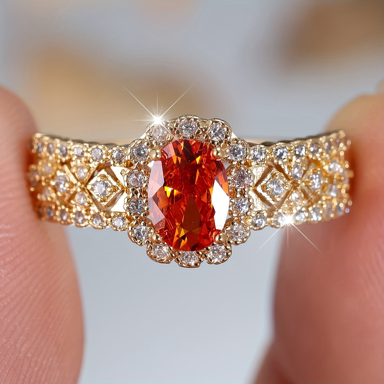 Ladies Elegant Bohemian Engagement Ring, Red Oval Gemstone with Synthetic Cubic Zirconia, Copper Ring, Luxury Wedding & Banquet Jewelry, All Season Accessories