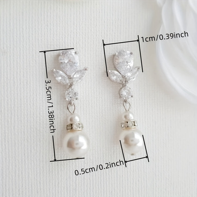 Imitation pearl pendant, shiny zircon inlaid earrings, elegant simple style, exquisite wedding earrings.