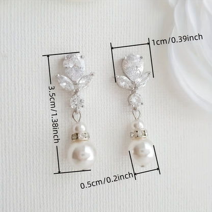 Imitation pearl pendant, shiny zircon inlaid earrings, elegant simple style, exquisite wedding earrings.