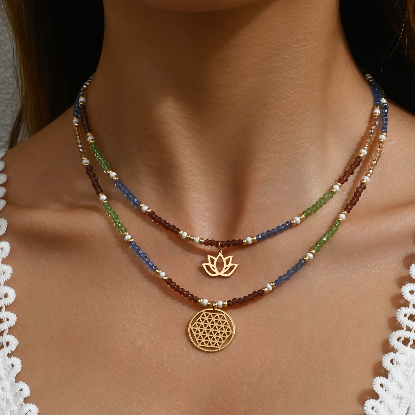 2 pendant necklaces, Bohemian crystal bead lotus pendant double necklace, holiday party music festival daily accessories