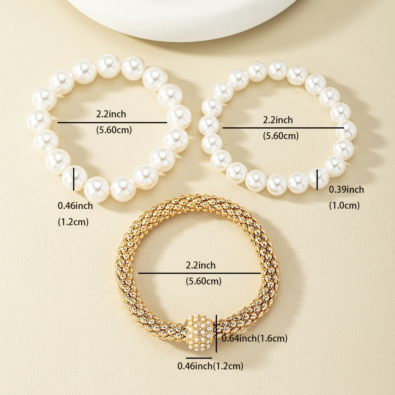 Faux Pearls Bracelet Kit 14K Gold Plated Stretch Hand Jewelry Set For Women & Girls 3 Pcs