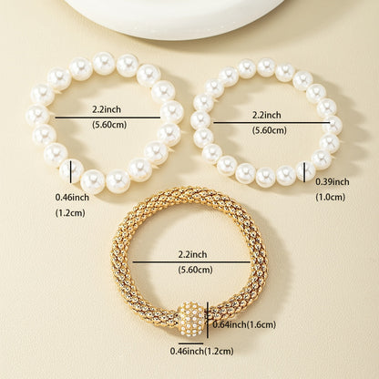 Faux Pearls Bracelet Kit 14K Gold Plated Stretch Hand Jewelry Set For Women & Girls 3 Pcs