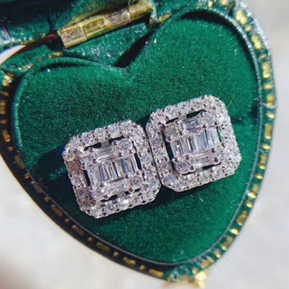 Silver Plated Geometric Square Crystal Stud Earrings Bridal Wedding Engagement Ladies Jewelry