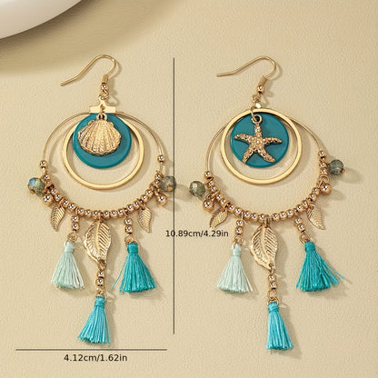 Hollow Round Design Metal Leaf Fringe Pendant Starfish Shell Decorative Hanging Earrings Bohemian Vacation Style Exquisite Women's Gift