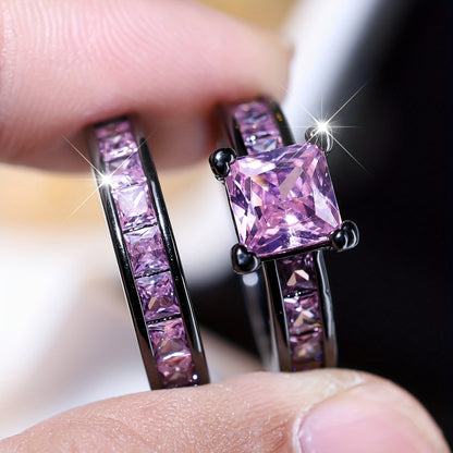 2Pcs Personalized Fashion Halloween Dark Wind Double Ring Women's Inlay Powder Synthetic Zircon Black Gold Plated Ring Accessories