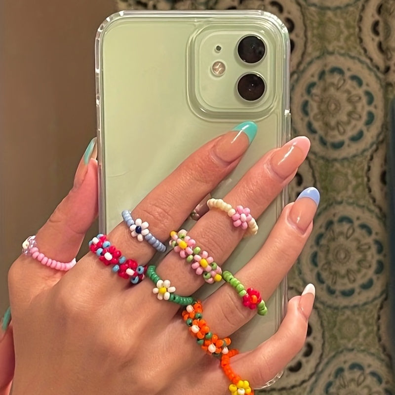 9-Piece Bohemian Stacked Bead Ring Colorful Flower Designs Mix and Match Daily Outfit Sweet Gifts