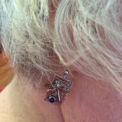 Vintage geometric square dragonfly earrings with purple resin accents - alloy and iron, perfect for casual wear, dragonfly jewelry