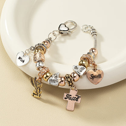 Snake chain beaded bracelet cross and heart shape pendant sweet alloy bracelet ladies