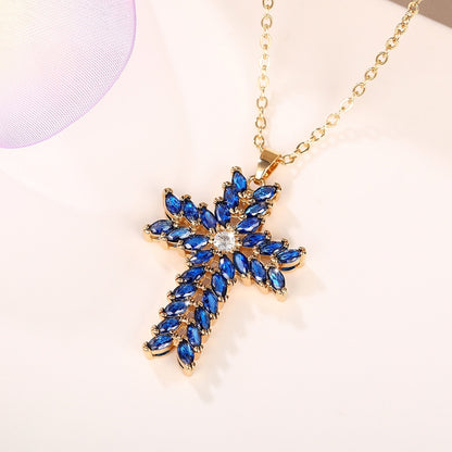 18k Golden Plated Blue Zirconia Cross Pendant Necklace Jewelry For Women Girls
