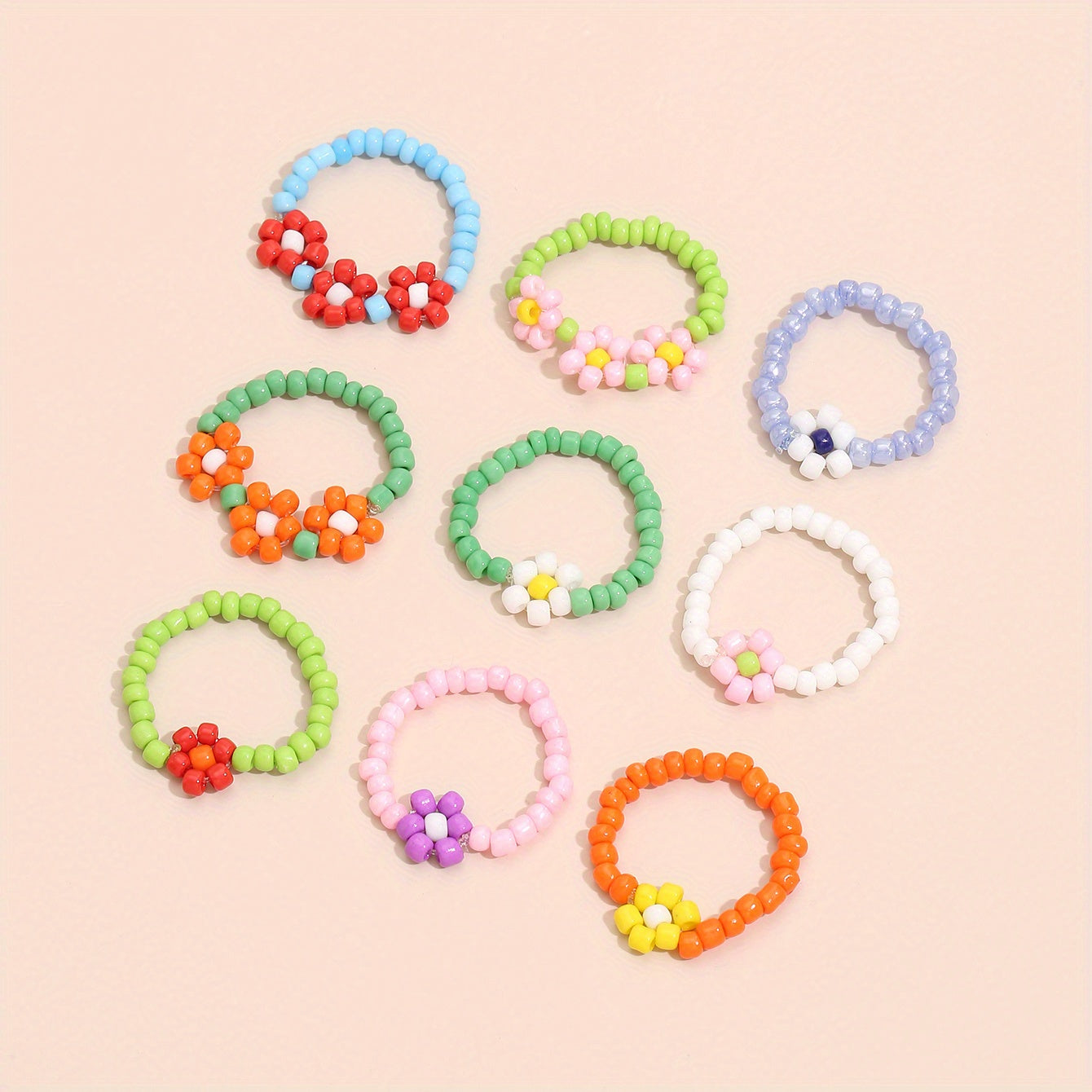 9-Piece Bohemian Stacked Bead Ring Colorful Flower Designs Mix and Match Daily Outfit Sweet Gifts