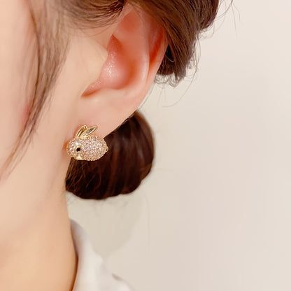 Cute Rabbit Stud Earrings, Copper Jewelry, Small Zirconia Inlay, Fashionable and Casual Style, Women's Daily Dating Earrings