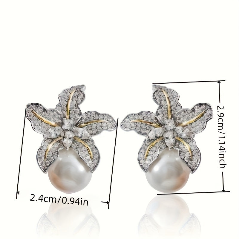 Blooming flower drop-shaped zircon large round imitation pearl stud earrings, suitable for wedding ceremonies, fashion accessories