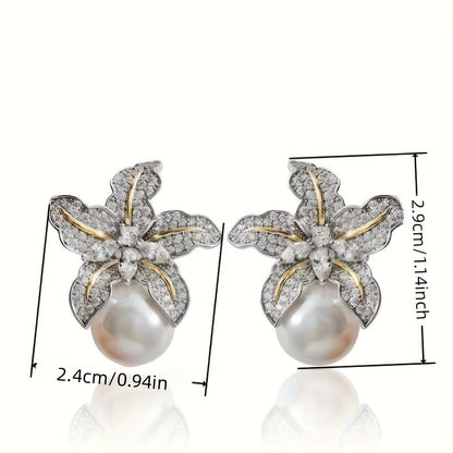 Blooming flower drop-shaped zircon large round imitation pearl stud earrings, suitable for wedding ceremonies, fashion accessories