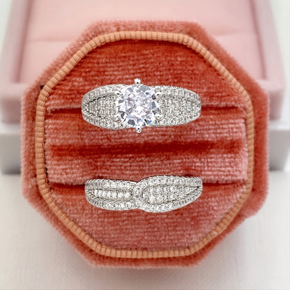 2 Pieces/Set 925 Silver Plated Bridal Wedding Zirconia Ring, Ladies Engagement Proposal Gift Jewelry