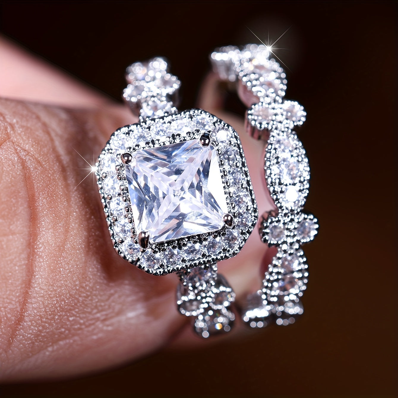 2 elegant promise rings, halo ring + eternity ring, paved with sparkling zircon, engagement wedding ring, suitable for bridal dinner party decoration