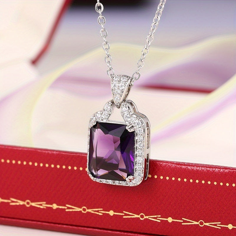 Ladies Elegant 925 Silver Plated Square Amethyst Pendant Necklace, Bridal Wedding Jewelry, February Birthstone Necklace
