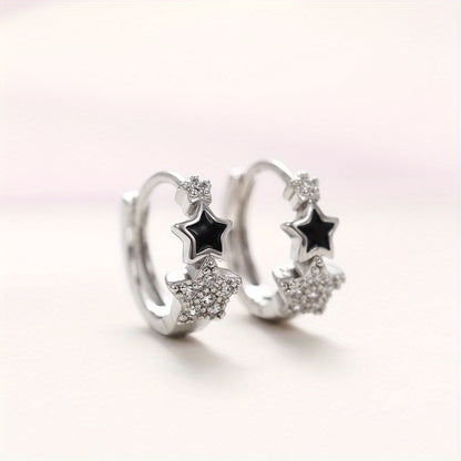 Fashion 925 Silver Plated Zirconia Black Enamel Star Ring Earrings Women's Casual Accessories