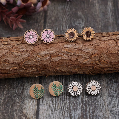 Four pairs of rustic wooden stud earrings, pastoral spring flower design, suitable for ladies' vacation and rustic jewelry accessories