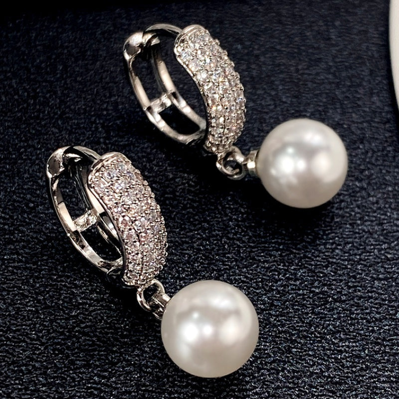 Vintage Elegant Freshwater Pearl Earrings 925 Silver Plated Zircon Earrings, Ladies Romantic Wedding Bridal Jewelry