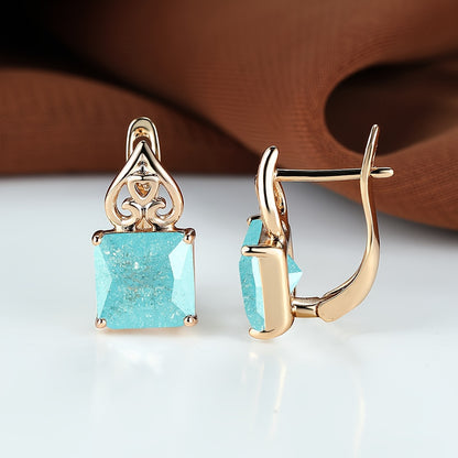 A pair of square cut zircon flower pendant earrings, copper earrings, unplated, zircon inlay, green ice design, suitable for weddings and daily wear